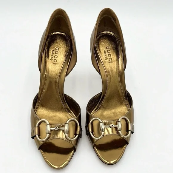 GUCCI WOMEN’S HORSE BIT OPEN TOE GOLD HEEL SZ 5.5 B - Picture 2 of 10
